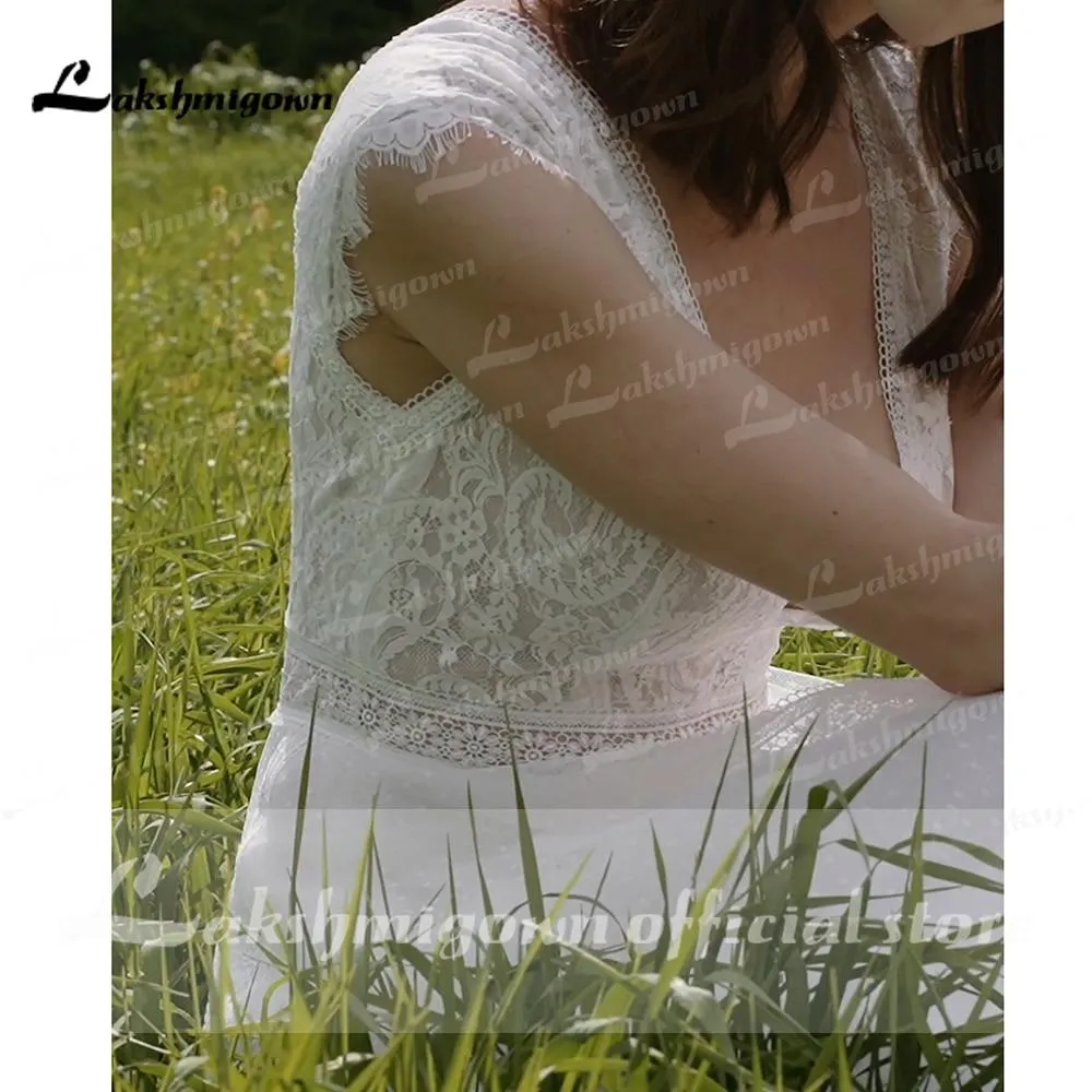 Roycebridal Deep V Neck Lace Top Chiffon Wedding Dresses Short Sleeve