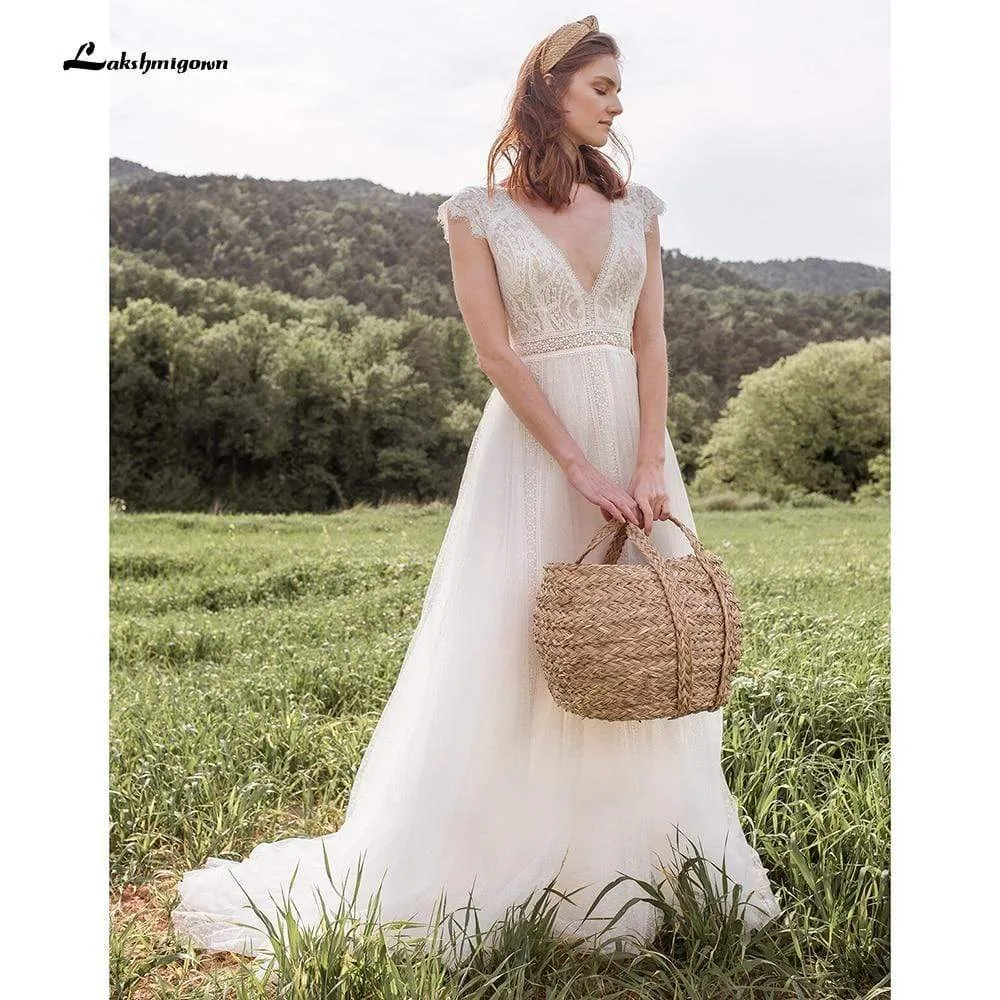 Roycebridal Deep V Neck Lace Top Chiffon Wedding Dresses Short Sleeve