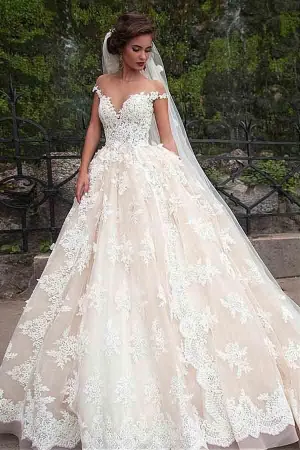Roycebridal Gorgeous Ball Gown Cap Sleeves Wedding Dresses With Lace Appliques, MW993