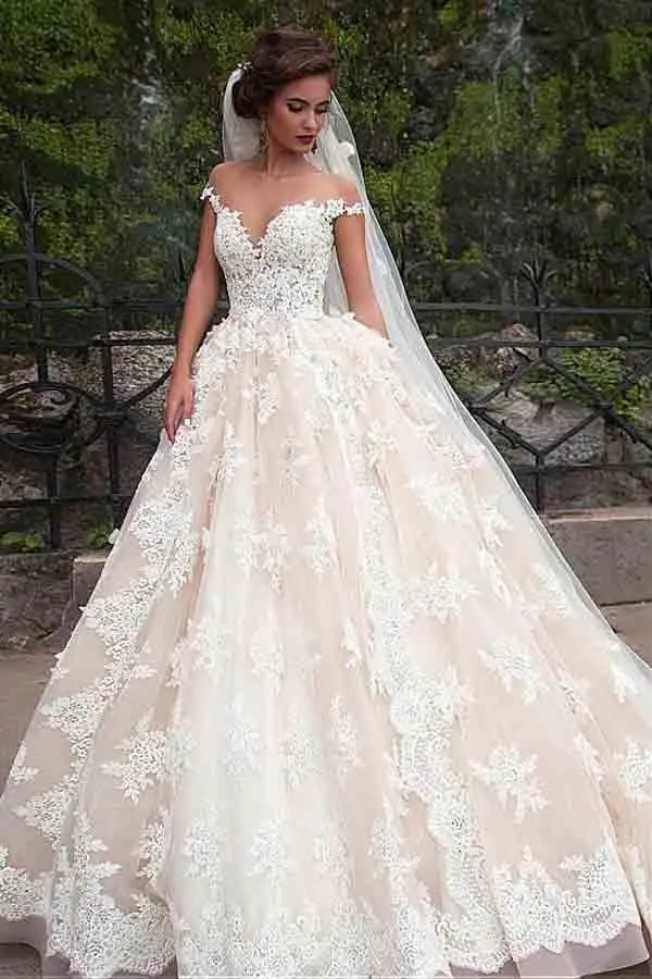 Roycebridal Gorgeous Ball Gown Cap Sleeves Wedding Dresses With Lace Appliques, MW993