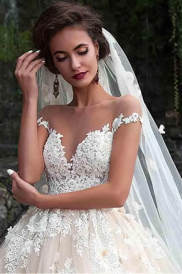 Roycebridal Gorgeous Ball Gown Cap Sleeves Wedding Dresses With Lace Appliques, MW993