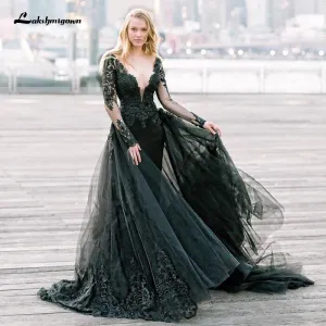 Roycebridal Gothic Design Black Wedding Dresses Long Sleeve Deep V Neck Appliqued Lace Tulle A Line Vintage Bridal Gowns Vestidos De Noiva