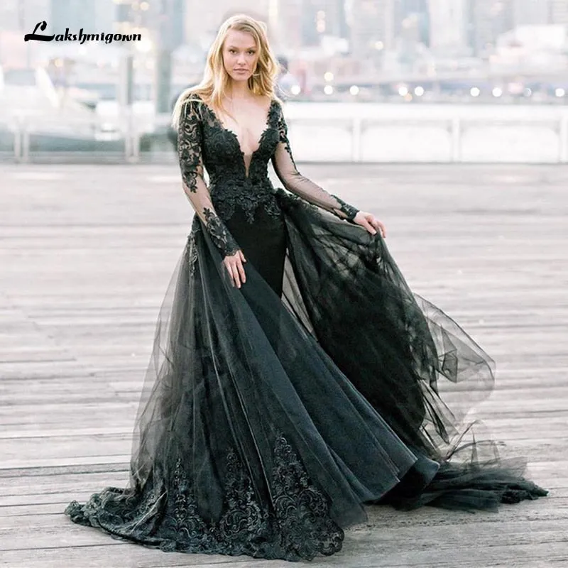 Roycebridal Gothic Design Black Wedding Dresses Long Sleeve Deep V Neck Appliqued Lace Tulle A Line Vintage Bridal Gowns Vestidos De Noiva