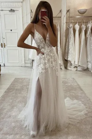 Roycebridal Ivory Tulle Lace A-line Spaghetti Straps Wedding Dresses With Side Slit, MW662