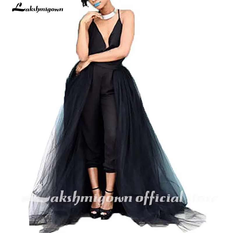 Roycebridal Jumpsuit Black Wedding Dresses Gothic V Neck Overskirt Wedding Dresses Sleeveless Arabic Wedding Gowns 2020 robe soiree dubai