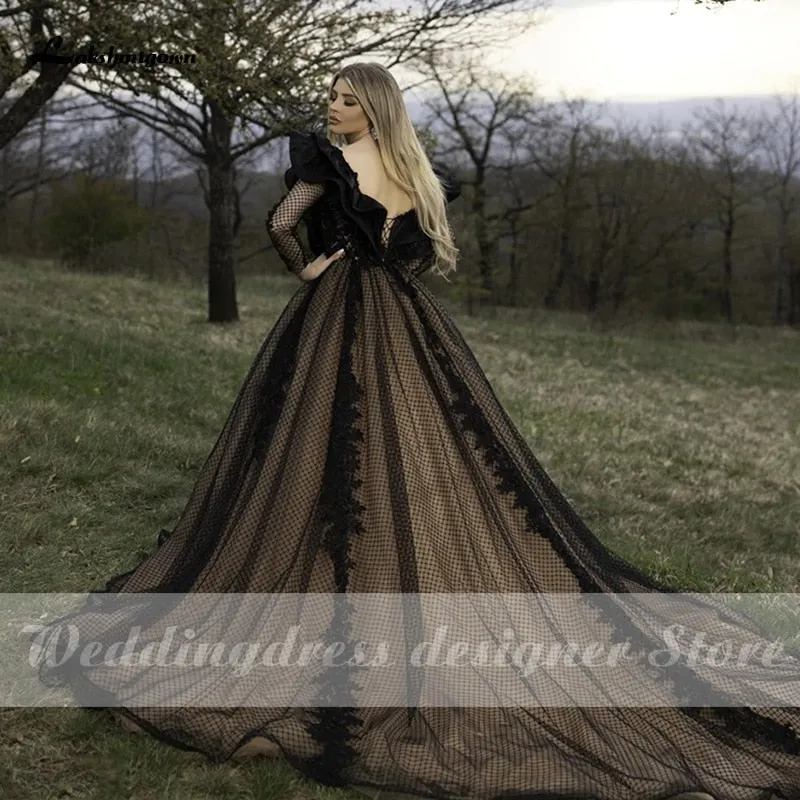 Roycebridal Lakshmigown Black A Line Wedding Dresses Robe Mariee Long Sleeves Court Train Tulle Gothic Bridal Gown vestido de novia