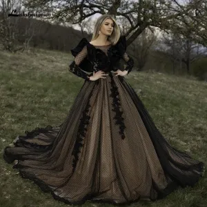 Roycebridal Lakshmigown Black A Line Wedding Dresses Robe Mariee Long Sleeves Court Train Tulle Gothic Bridal Gown vestido de novia