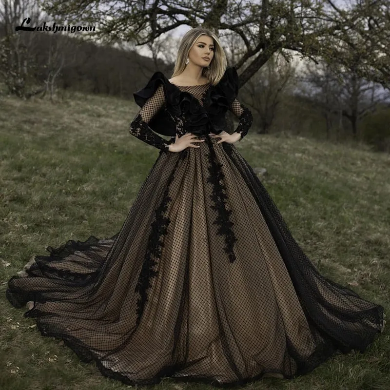 Roycebridal Lakshmigown Black A Line Wedding Dresses Robe Mariee Long Sleeves Court Train Tulle Gothic Bridal Gown vestido de novia