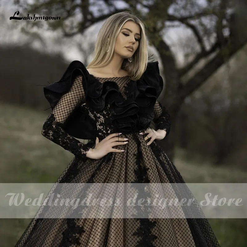 Roycebridal Lakshmigown Black A Line Wedding Dresses Robe Mariee Long Sleeves Court Train Tulle Gothic Bridal Gown vestido de novia
