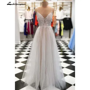 Roycebridal Lakshmigown Champagne tulle Long Wedding Dresses Lace Applique Chiffon Boho Bridal Gowns Cheap wedding gown Vestido De Festa
