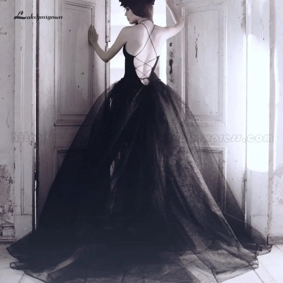 Roycebridal Lakshmigown Gothic Black Wedding Dress A Line 2019 Sexy Tulle Bridal Gown Open Back Simple  Elegant Wedding Dresses Robe Mariage