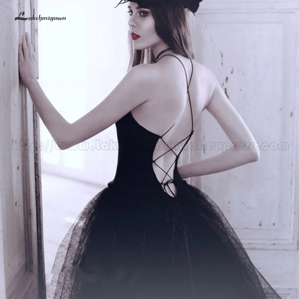 Roycebridal Lakshmigown Gothic Black Wedding Dress A Line 2019 Sexy Tulle Bridal Gown Open Back Simple  Elegant Wedding Dresses Robe Mariage