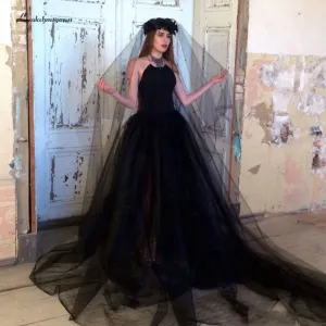 Roycebridal Lakshmigown Gothic Black Wedding Dress A Line 2019 Sexy Tulle Bridal Gown Open Back Simple  Elegant Wedding Dresses Robe Mariage