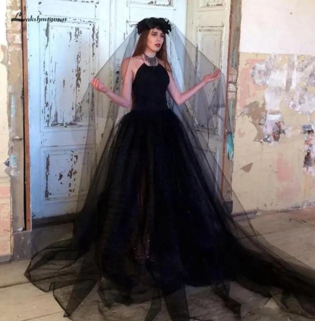 Roycebridal Lakshmigown Gothic Black Wedding Dress A Line 2019 Sexy Tulle Bridal Gown Open Back Simple  Elegant Wedding Dresses Robe Mariage
