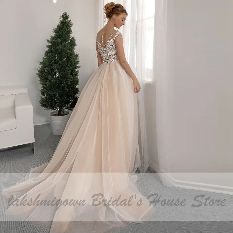 Roycebridal Lakshmigown Sexy Bridal Champagne Wedding Dress V-Neck Lace Beaded Elegant Women Receipt Wedding Gowns with Cap Sleeves 2021