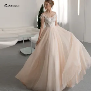 Roycebridal Lakshmigown Sexy Bridal Champagne Wedding Dress V-Neck Lace Beaded Elegant Women Receipt Wedding Gowns with Cap Sleeves 2021