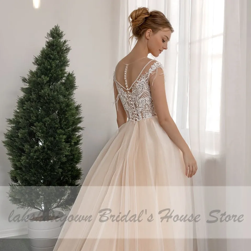 Roycebridal Lakshmigown Sexy Bridal Champagne Wedding Dress V-Neck Lace Beaded Elegant Women Receipt Wedding Gowns with Cap Sleeves 2021