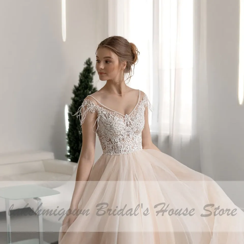 Roycebridal Lakshmigown Sexy Bridal Champagne Wedding Dress V-Neck Lace Beaded Elegant Women Receipt Wedding Gowns with Cap Sleeves 2021