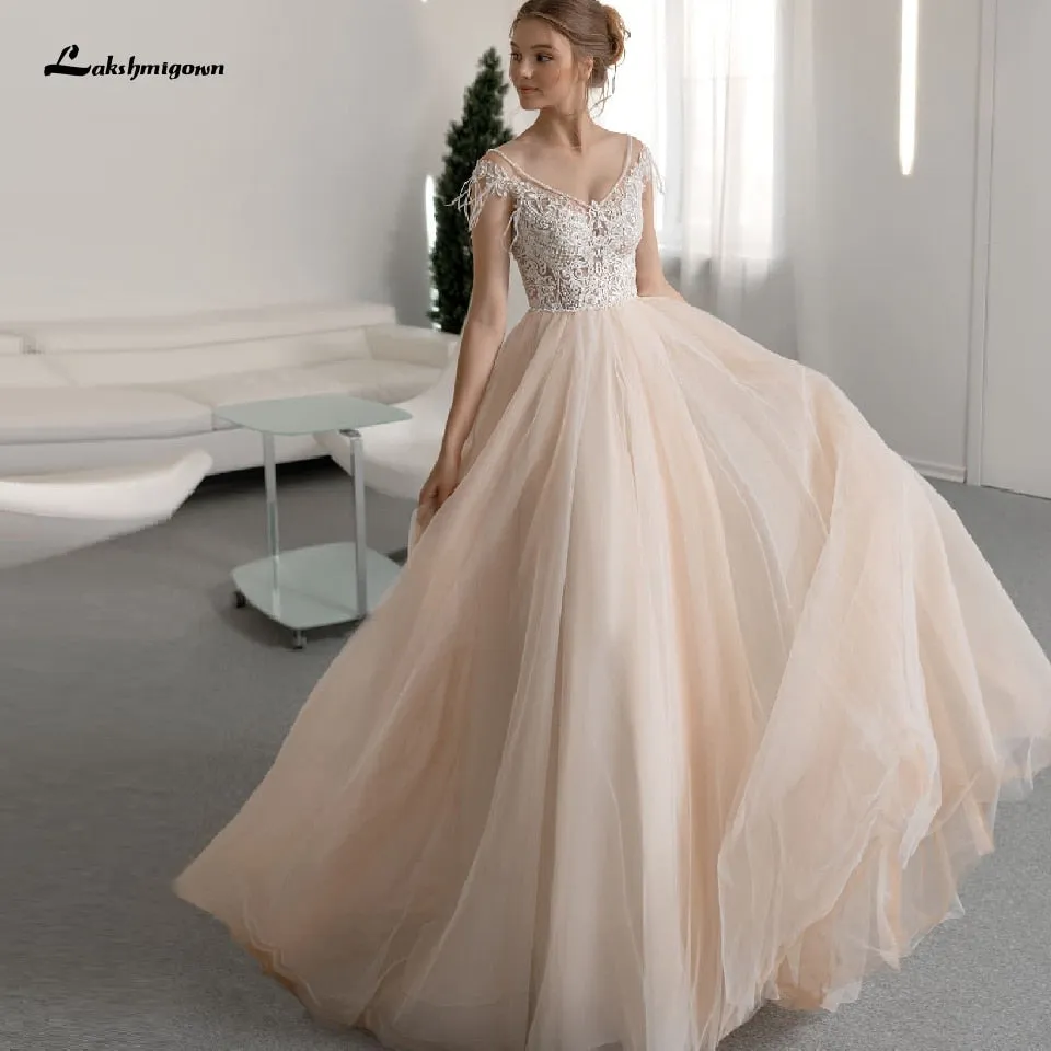 Roycebridal Lakshmigown Sexy Bridal Champagne Wedding Dress V-Neck Lace Beaded Elegant Women Receipt Wedding Gowns with Cap Sleeves 2021