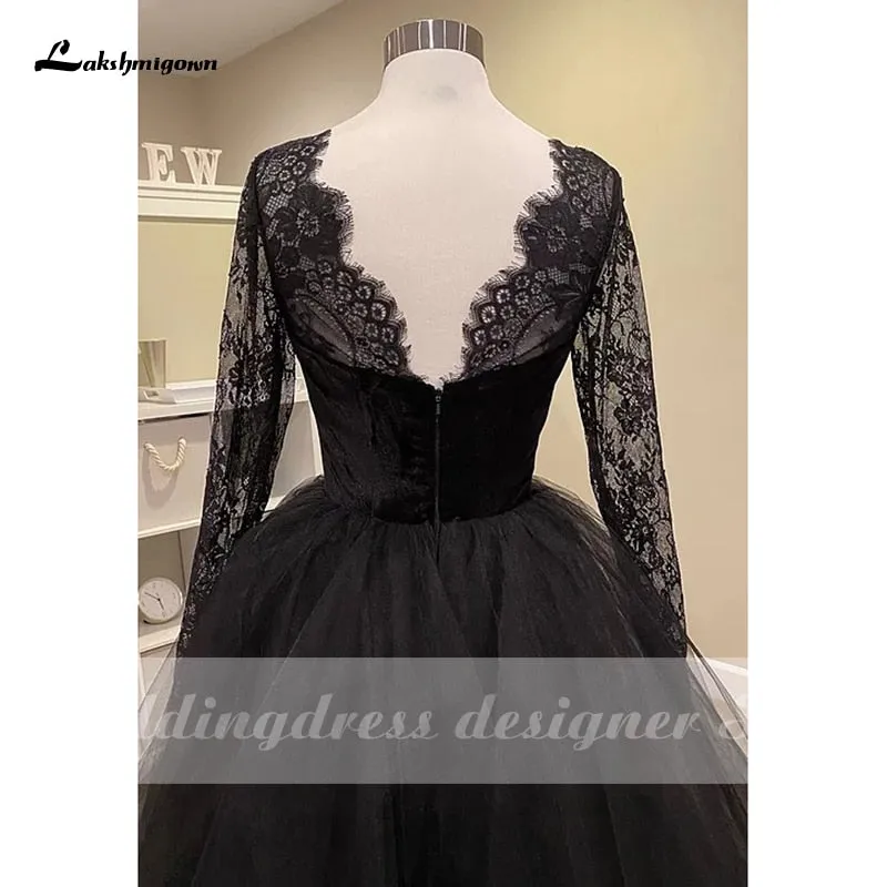 Roycebridal Lakshmigown Sexy Lace Black Wedding Dresses with Long Sleeve vestido de novia Boho Gothic Tulle Wedding Gown Outdoor Country