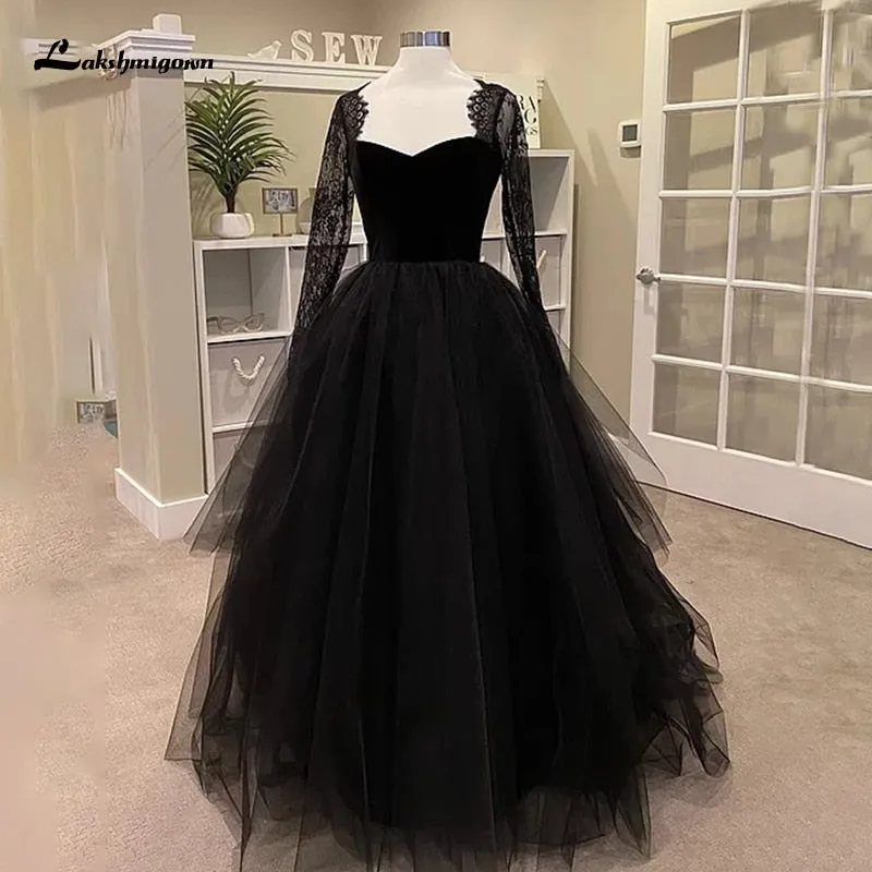 Roycebridal Lakshmigown Sexy Lace Black Wedding Dresses with Long Sleeve vestido de novia Boho Gothic Tulle Wedding Gown Outdoor Country