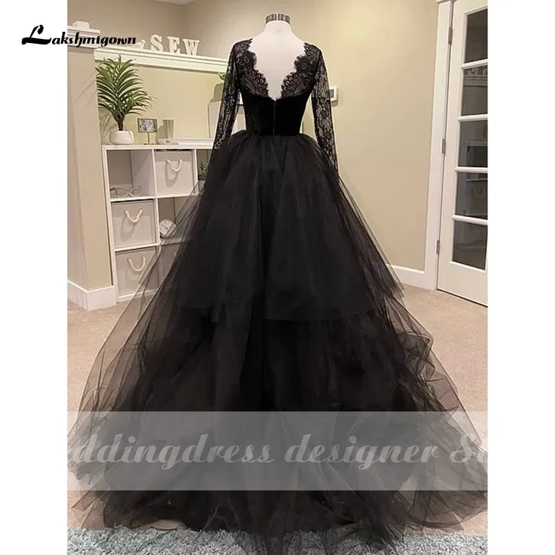 Roycebridal Lakshmigown Sexy Lace Black Wedding Dresses with Long Sleeve vestido de novia Boho Gothic Tulle Wedding Gown Outdoor Country