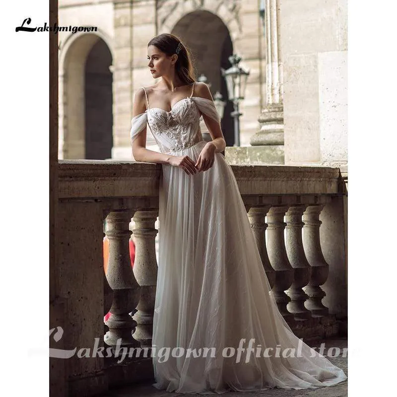 Roycebridal Sexy Lace Tulle Beach Wedding Dress Boho Off Shoulder