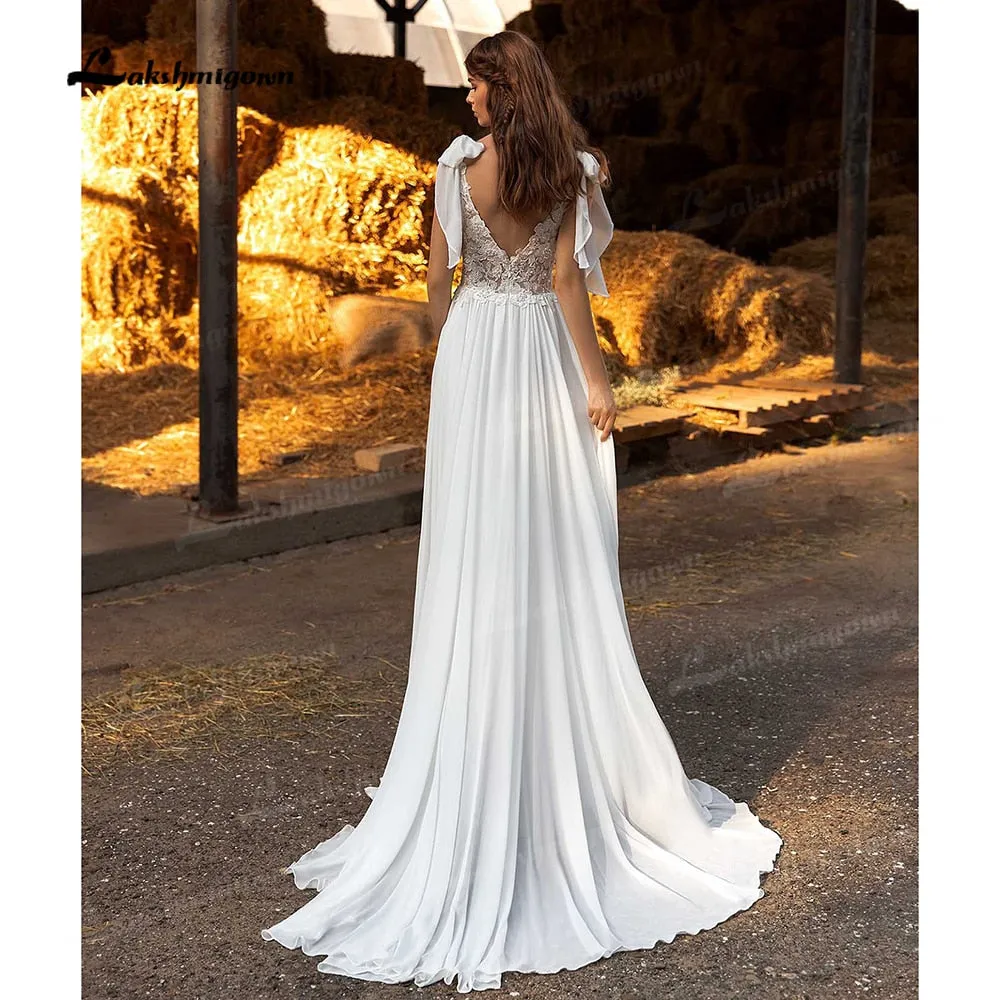 Roycebridal Sexy Side Slit Boho Wedding Dresses Sweep Train Charming Beach Chiffon A Line Lace Bridal Gowns V Neck vestido de novia