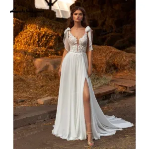 Roycebridal Sexy Side Slit Boho Wedding Dresses Sweep Train Charming Beach Chiffon A Line Lace Bridal Gowns V Neck vestido de novia