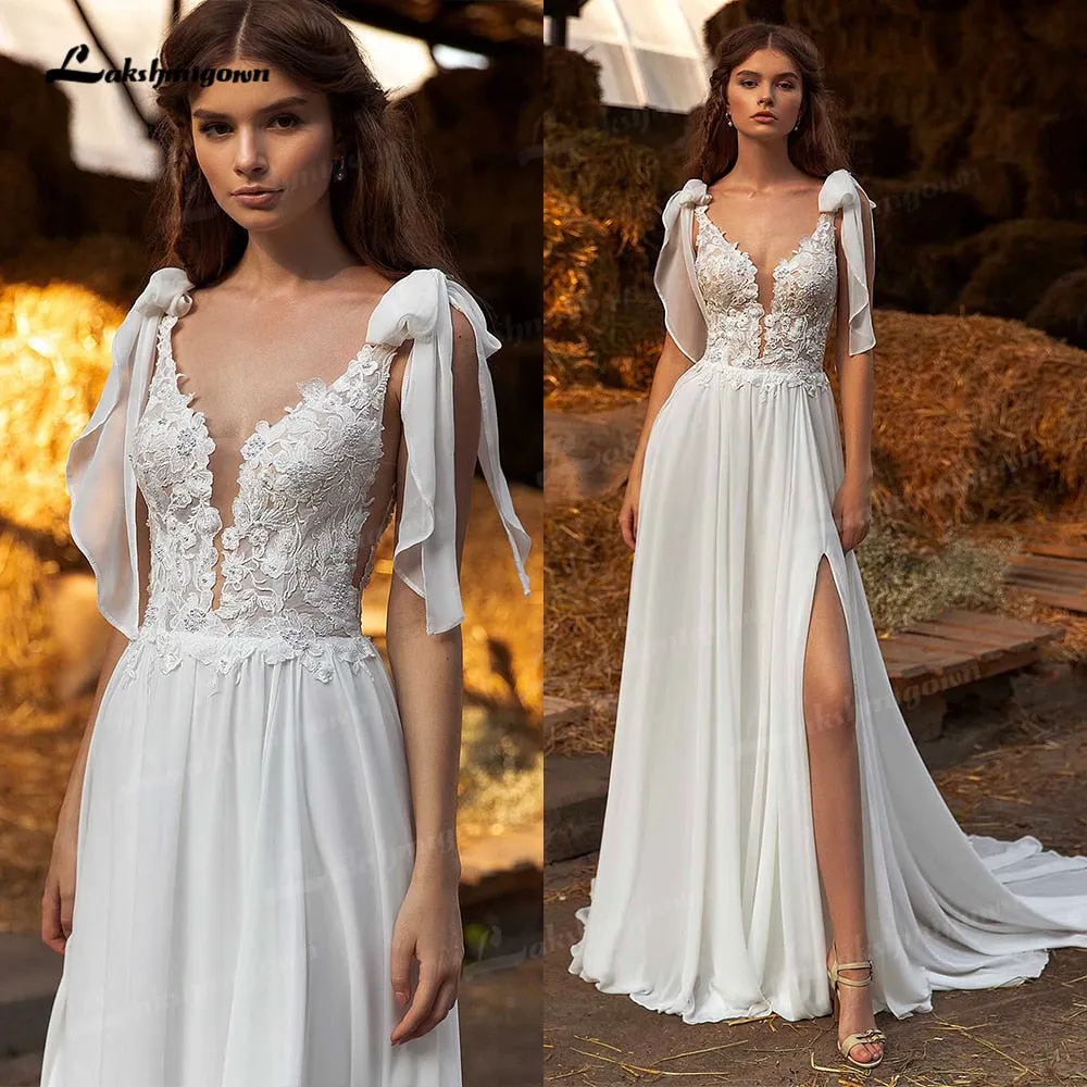 Roycebridal Sexy Side Slit Boho Wedding Dresses Sweep Train Charming Beach Chiffon A Line Lace Bridal Gowns V Neck vestido de novia