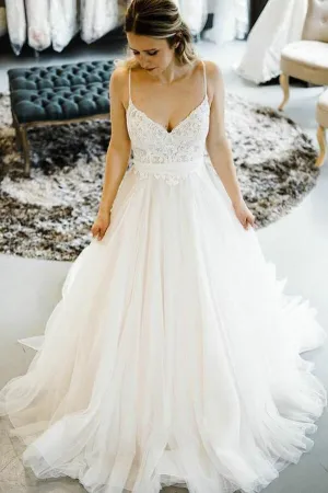 Roycebridal Tulle Lace A-line Spaghetti Straps Wedding Dresses With Court Train, MW653