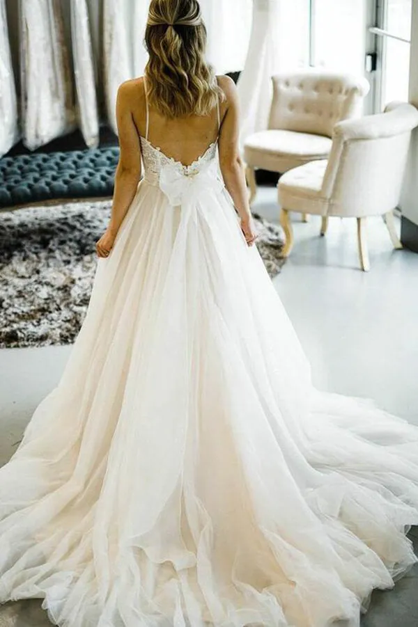 Roycebridal Tulle Lace A-line Spaghetti Straps Wedding Dresses With Court Train, MW653
