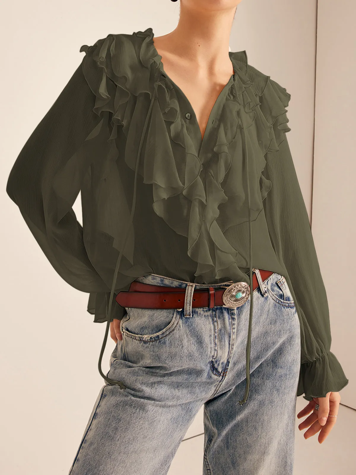 Ruffle Chiffon Breasted Blouse