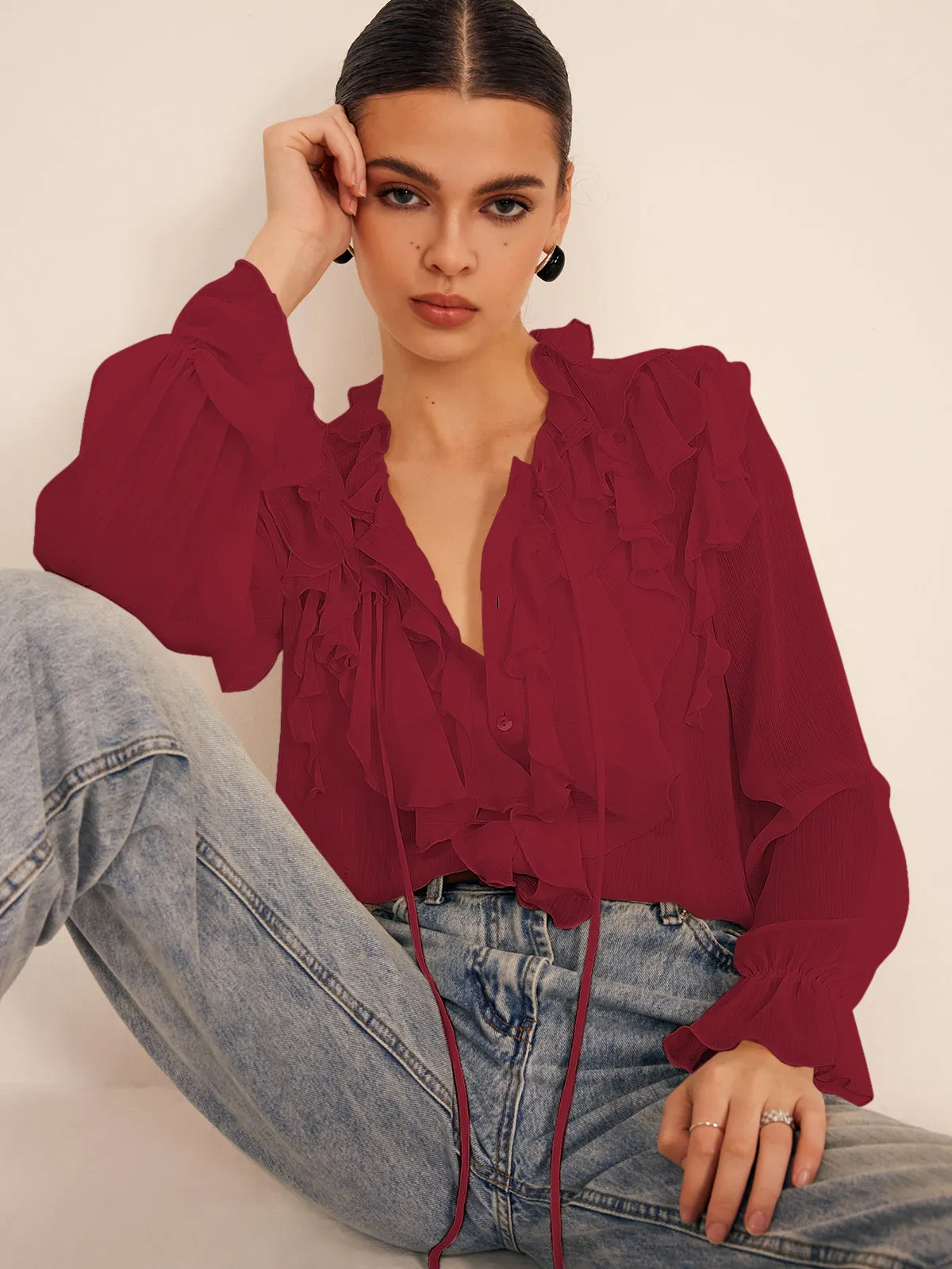 Ruffle Chiffon Breasted Blouse