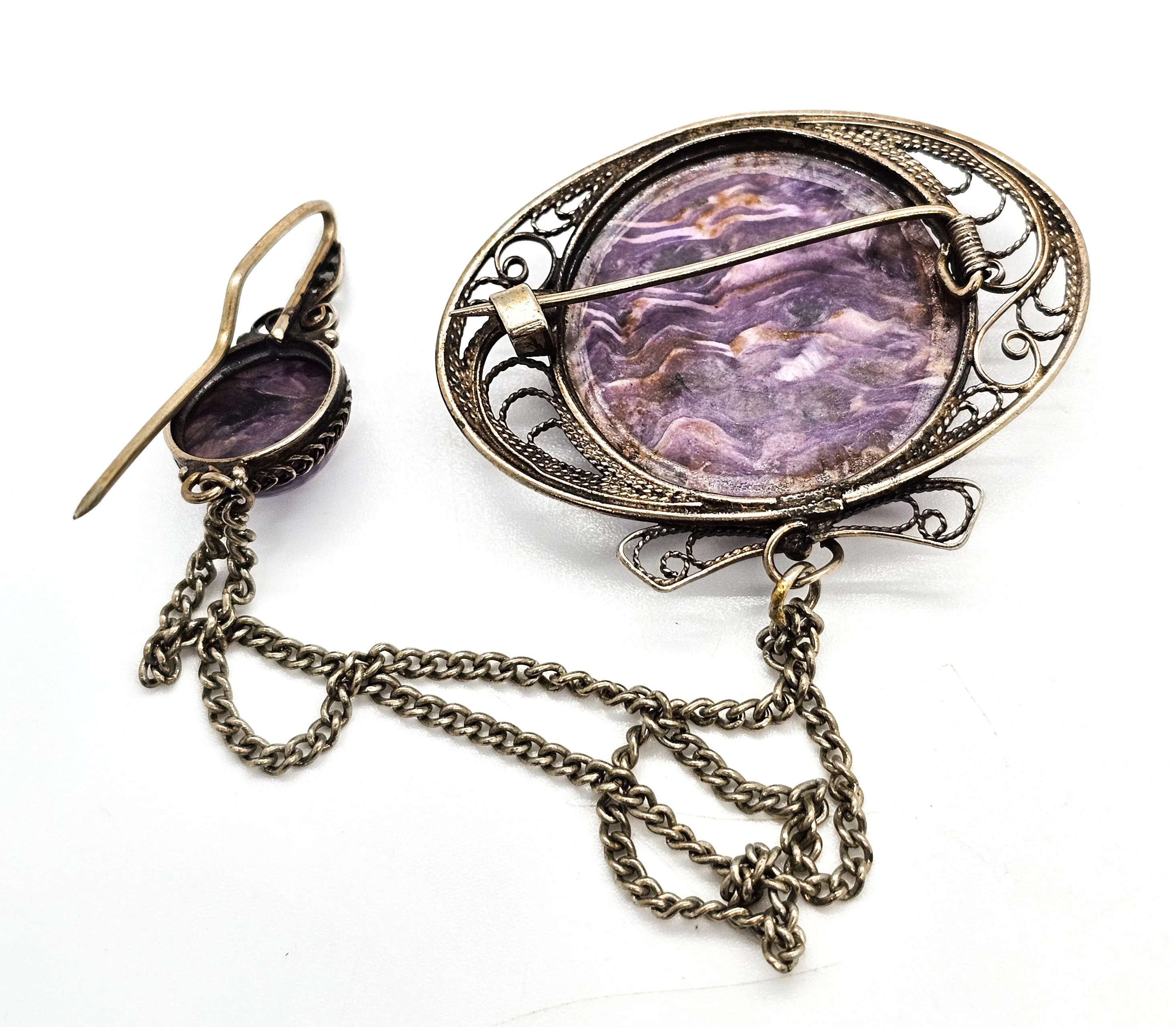 Russian Charoite purple banded gemstone silver plated vintage filigree brooch lapel pin