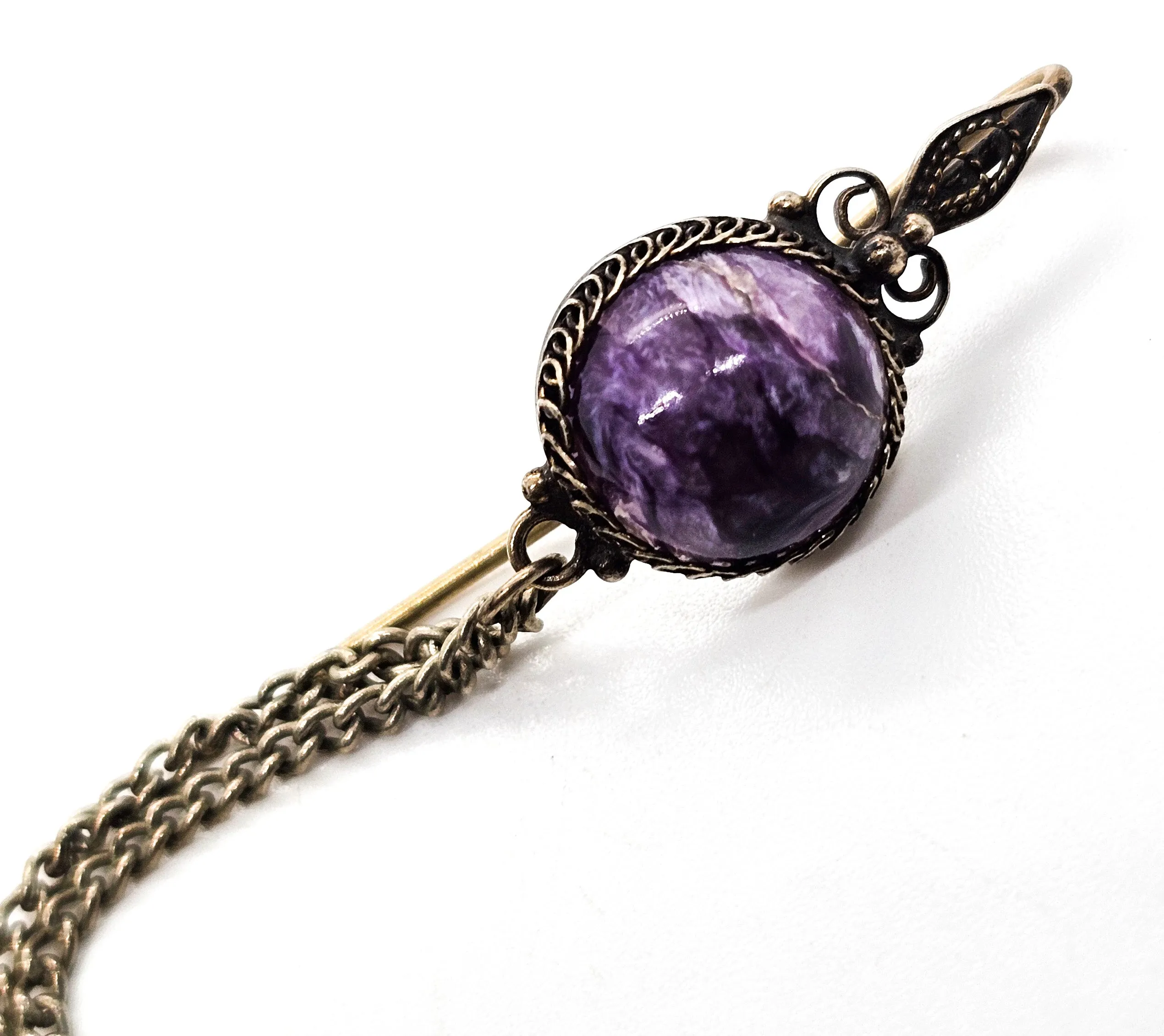 Russian Charoite purple banded gemstone silver plated vintage filigree brooch lapel pin