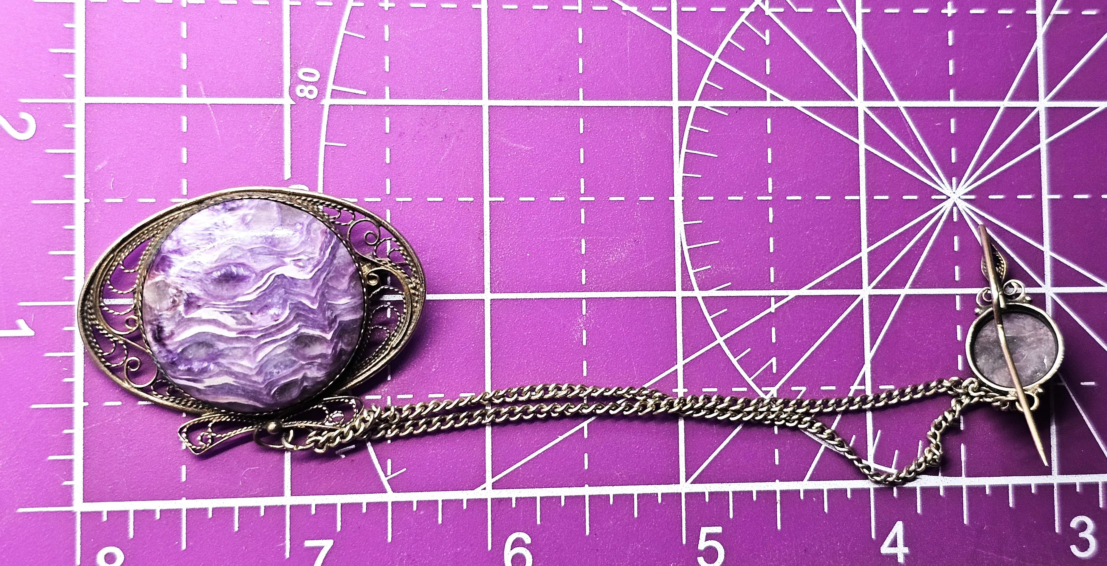 Russian Charoite purple banded gemstone silver plated vintage filigree brooch lapel pin