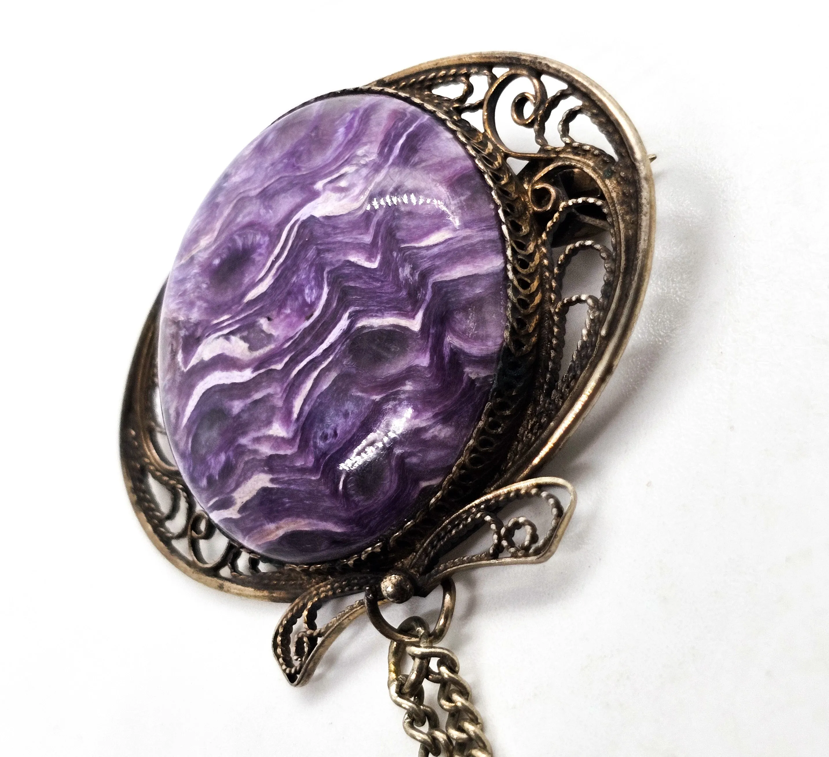 Russian Charoite purple banded gemstone silver plated vintage filigree brooch lapel pin