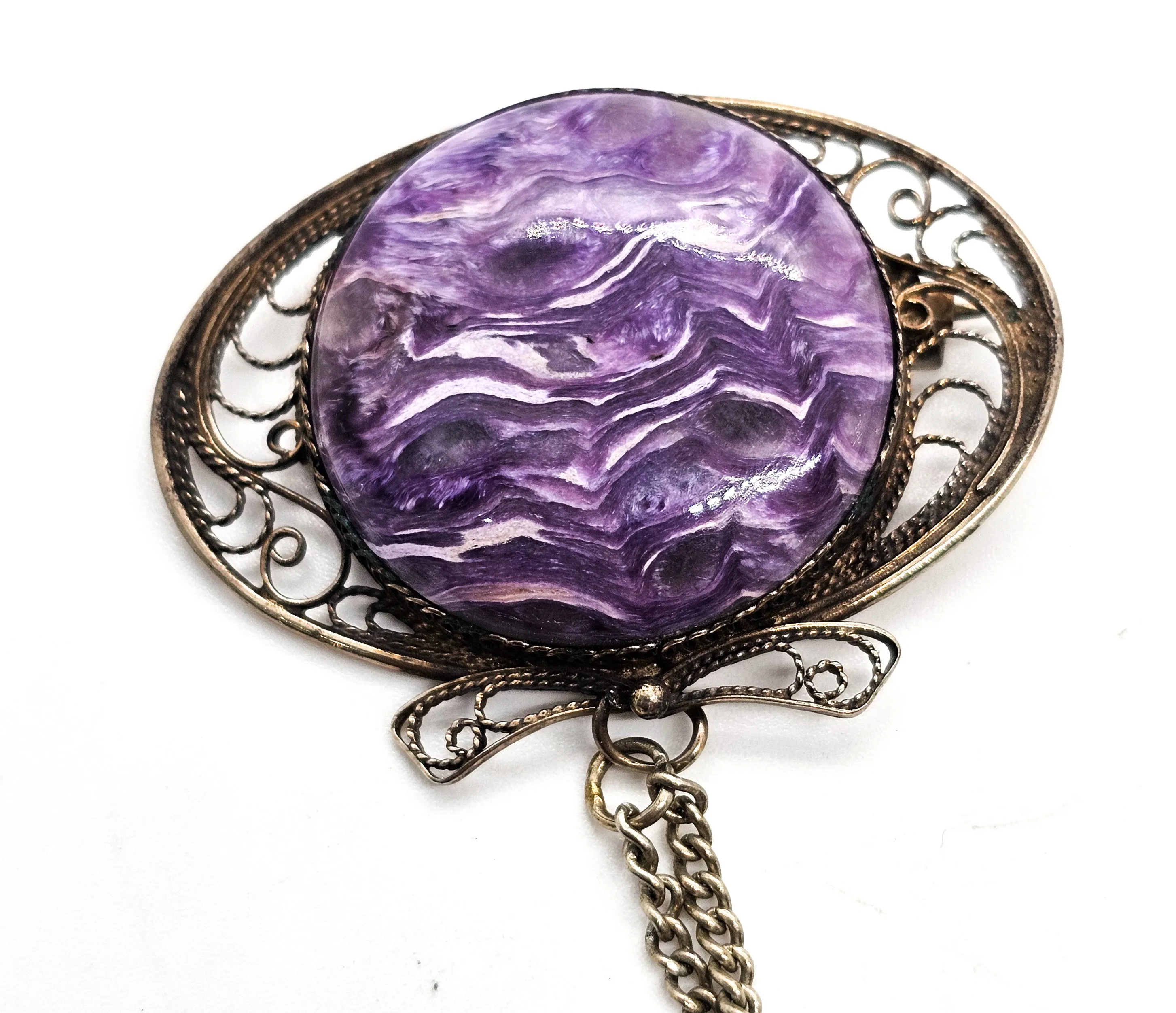 Russian Charoite purple banded gemstone silver plated vintage filigree brooch lapel pin