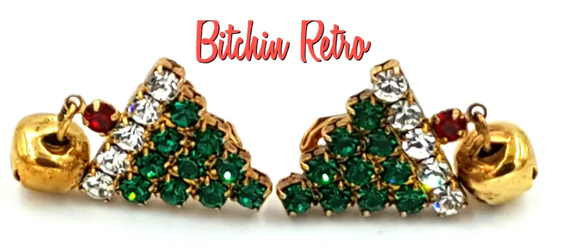 Santa Claus Pin and Rhinestone Christmas Tree Earrings Set, Vintage