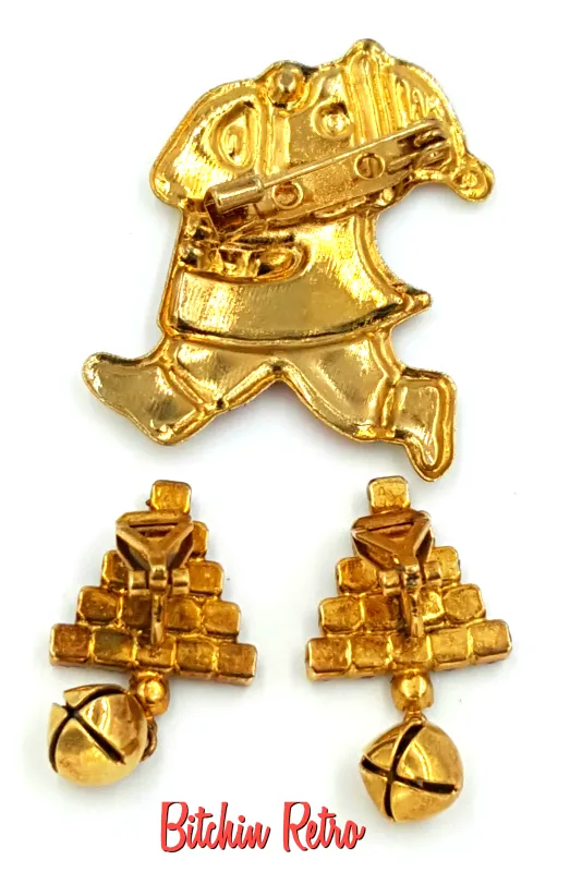 Santa Claus Pin and Rhinestone Christmas Tree Earrings Set, Vintage
