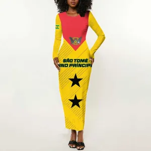 Sao Tome and Principe Football Custom Long Sleeve Bodycon Dress Sporty Style - Yellow Color LT15