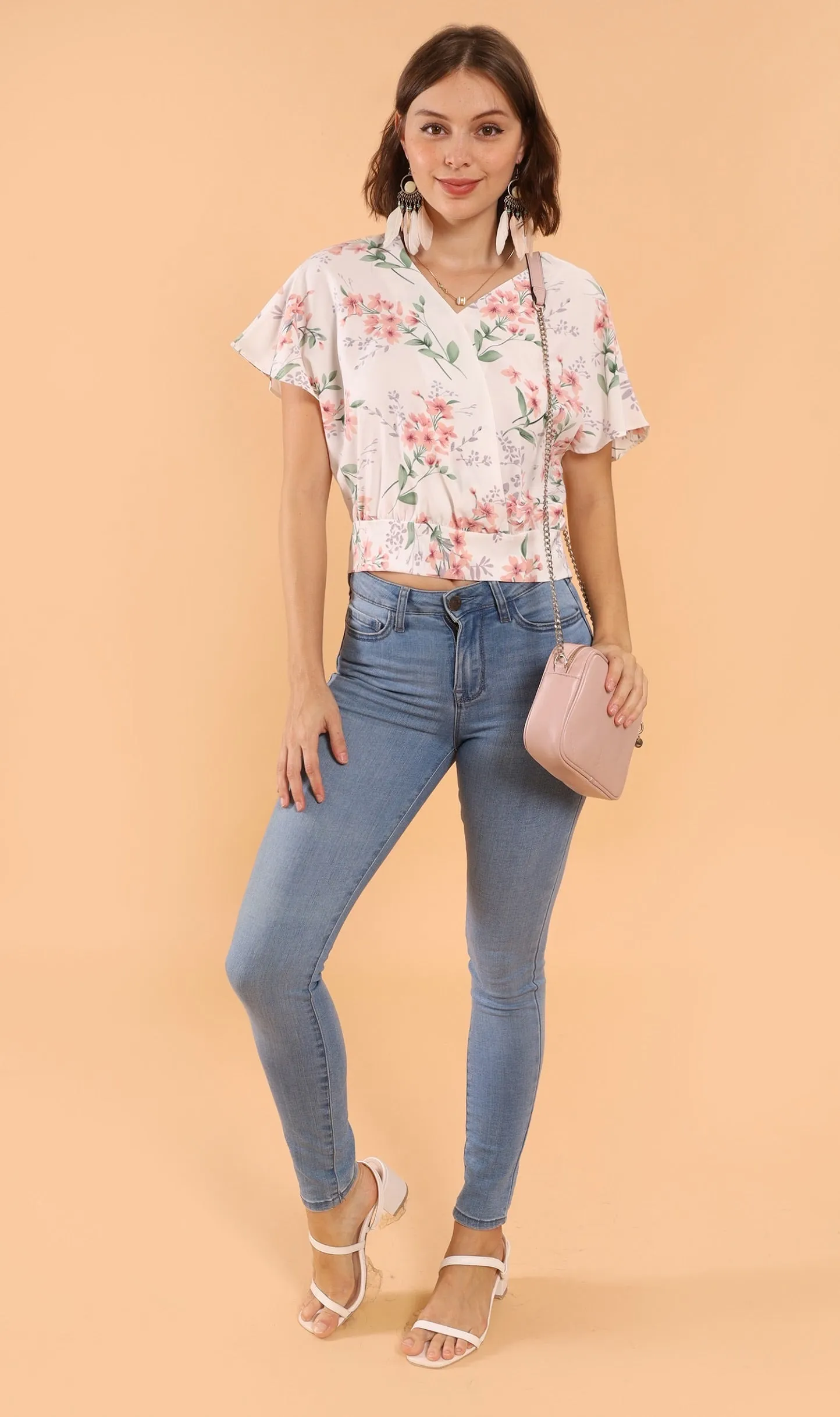 SARA Floral Flutter-Sleeve Top (White)
