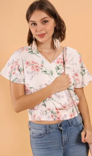 SARA Floral Flutter-Sleeve Top (White)