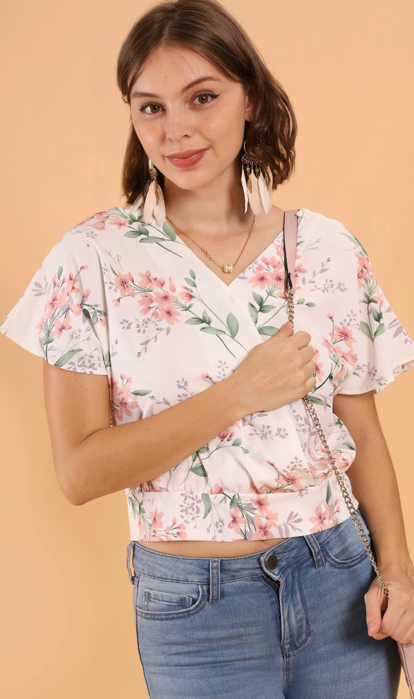 SARA Floral Flutter-Sleeve Top (White)