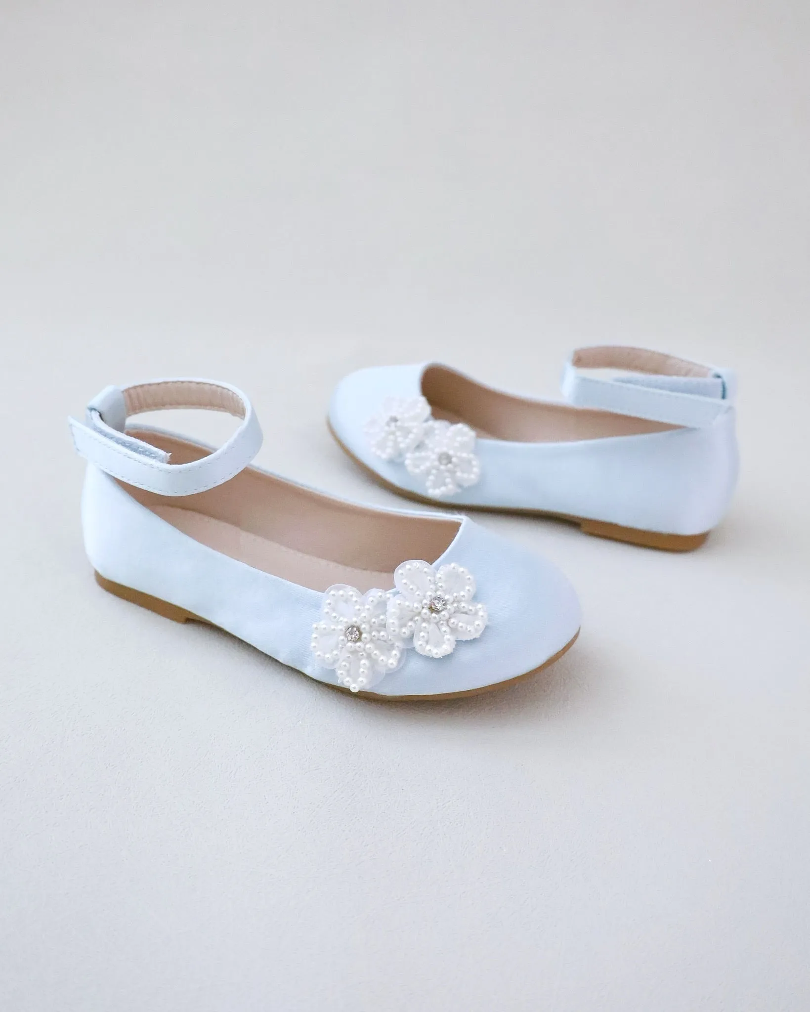 Satin Flower Girls Ballet Flats with All Pearls Chassia Flowers