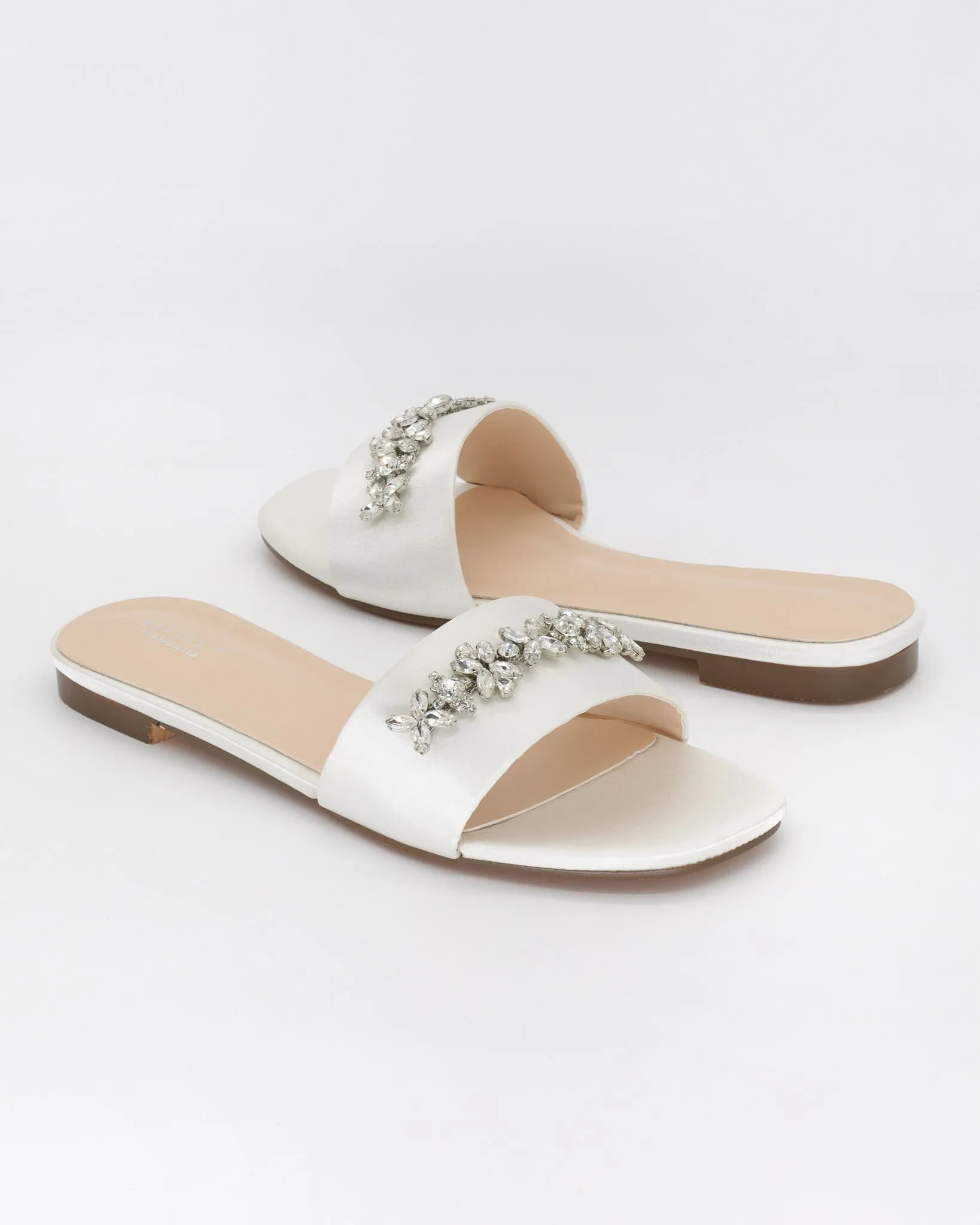 Satin Slip on Sandals with with Floral Rhinestones