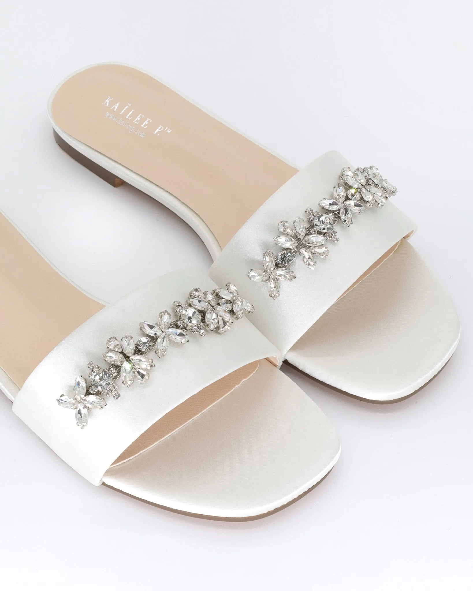 Satin Slip on Sandals with with Floral Rhinestones