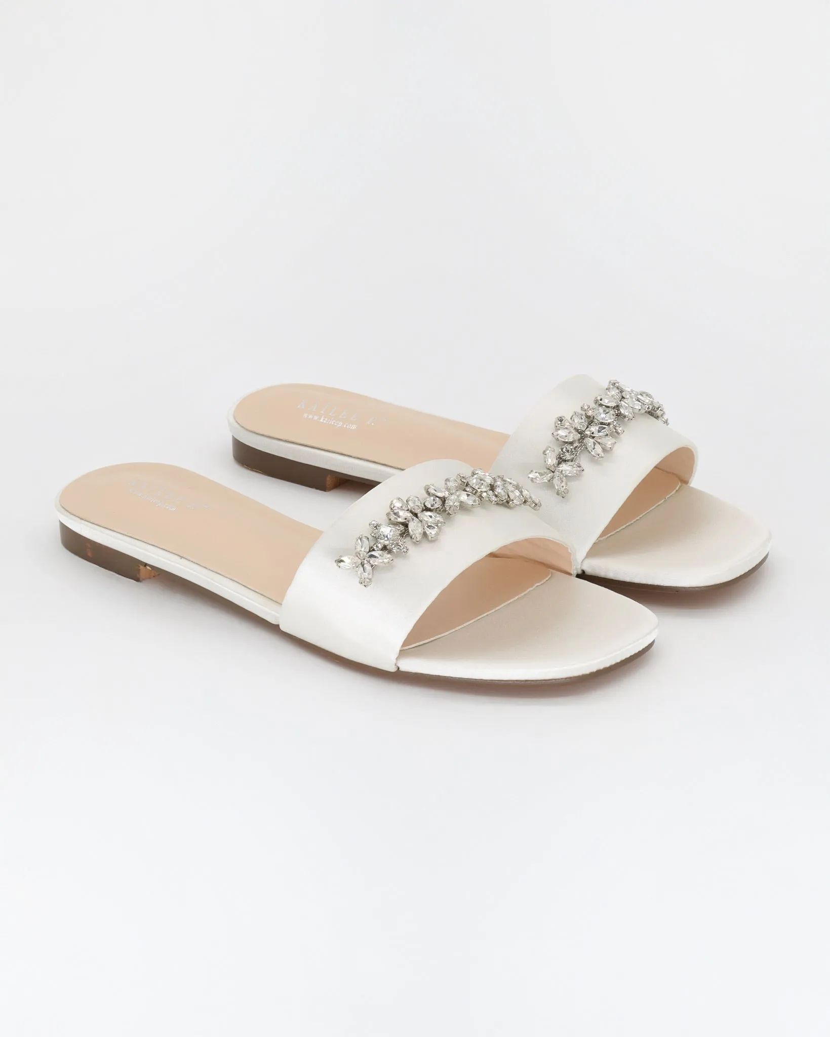 Satin Slip on Sandals with with Floral Rhinestones