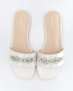 Satin Slip on Sandals with with Floral Rhinestones